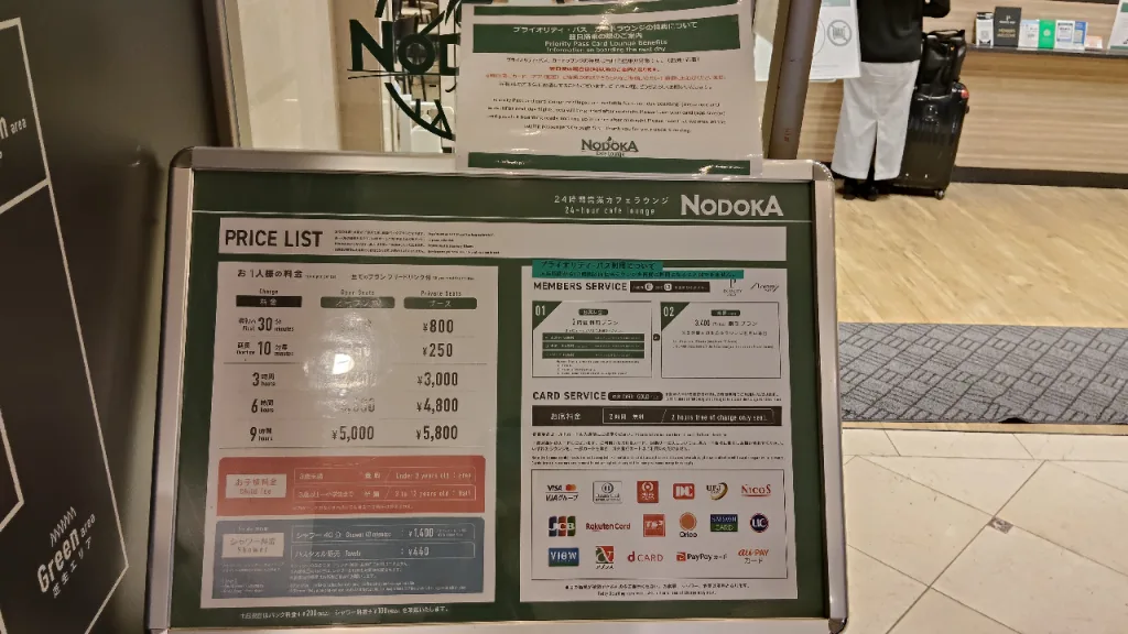 KIXエアポート カフェラウンジNODOKAの利用説明と料金表